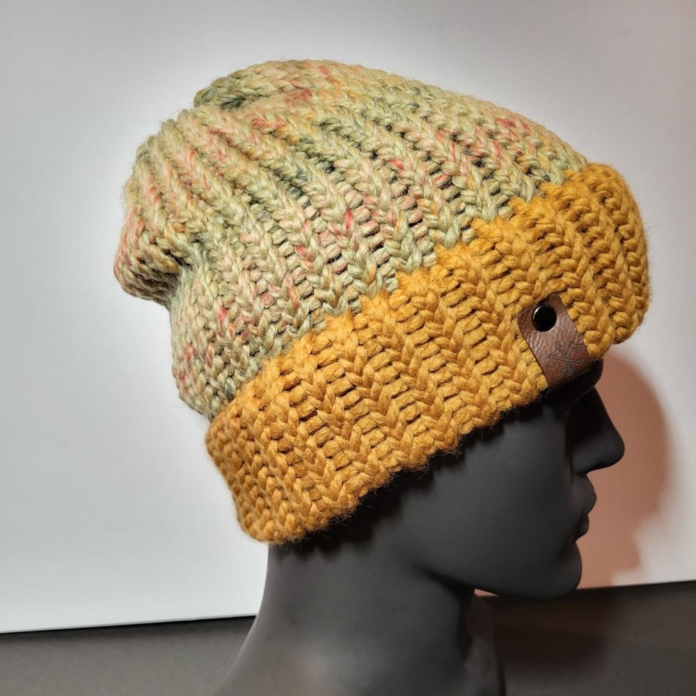 Handmade Chunky Knit Beanie Mixed Colors with Yellow Cuff